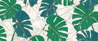 Yeşil canavar yaprakları ve altın çizgileri olan tropik lüks bir arka plan. Çeşitli tasarımlar, kartlar, kapaklar, duvar kağıtları yaratmak için hassas taze arkaplan.