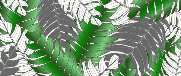 Elegante Fondo Botánico Degradado Con Ramas Palma Verdes Blancas Grises — Vector de stock