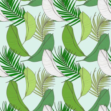 Soluk mavi arka planda tropikal bitkiler, yapraklar ve dallarla yeşil, dikişsiz desen. Çocuk ve kadın tekstil ürünleri, ambalaj kağıtları, kapaklar, duvar kağıtları ve arka planlar için vektör deseni