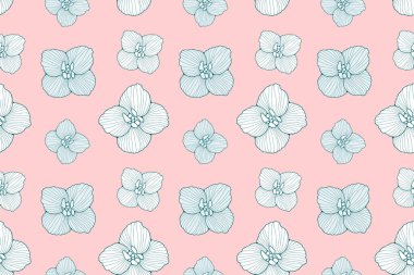 Mavi çiçekli yumuşak, pembe, pürüzsüz desen. Dekor, duvar kâğıdı, kadın ve çocuk tekstili, ambalaj kağıdı ve arka plan için vektör şirin desen.
