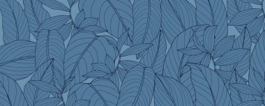 Çeşitli tropikal bitki ve yapraklara sahip mavi tropikal bir arka plan. Dekor, duvar kağıdı, kapak, kart ve sunumlar için vektör arkaplanı.