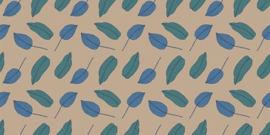 Turkuaz ve mavi yapraklı bej, pürüzsüz desen. Tekstil, ambalaj kağıdı, duvar kağıdı, kapaklar, kartlar ve arkaplanlar için vektör deseni.