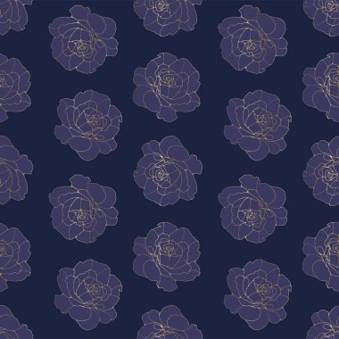 Koyu mavi, dikişsiz desenli, altın güllü. Giysilerin, kapakların, duvar kağıtlarının, çeşitli arka planların ve ambalaj kağıtlarının tasarımı için vektör deseni.