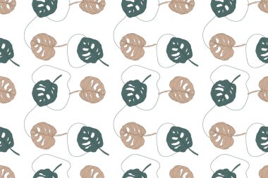 Beyaz arka planda canavar yaprakları olan kusursuz botanik vektör deseni. Tekstil deseni, ambalaj kağıdı, duvar kağıdı, kapak, arka plan.