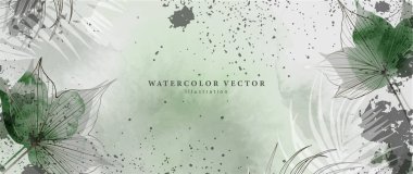 Tuhaf yapraklar ve sıçramalarla suluboya yeşil arka plan. Dekor, duvar kağıdı, kapak, kart ve sunumlar için vektör arkaplanı.