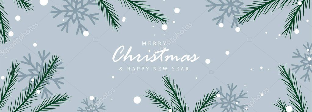 New Year and Christmas banner, background, wallpaper, postcard. Blue vector winter background with green Christmas tree branches, snow and snowflakes