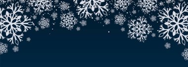 Koyu Mavi Yeni Yıl ve Noel kartı, arkaplan, poster, sıra dışı beyaz kar taneleriyle pankart.
