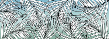 Gradyan mavi-yeşil arka planda siyah beyaz palmiye dalları. Çiçek kartı, afiş, poster, arkaplan, duvar kağıdı