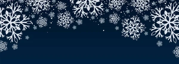 Koyu Mavi Yeni Yıl ve Noel kartı, arkaplan, poster, sıra dışı beyaz kar taneleriyle pankart.