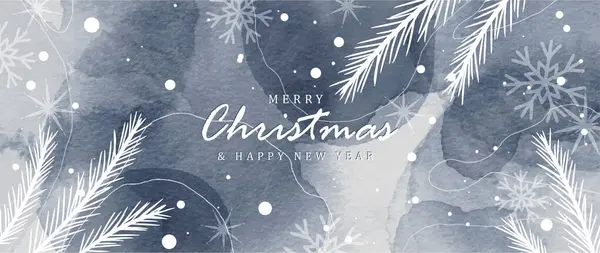 Yeni yıl ve Noel suluboya vektör kartı, poster, kar taneli pankart, Noel ağacı dalları, yıldızlar.