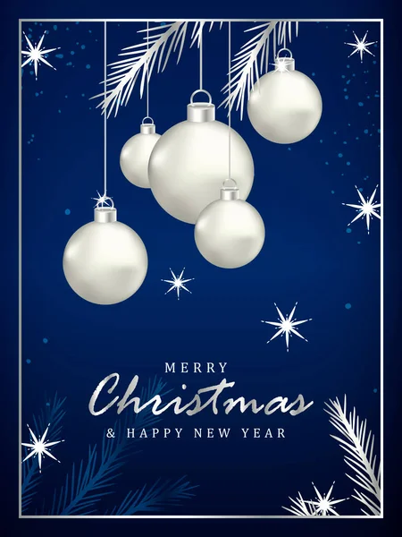 Koyu mavi yeni yıl ve Noel kartı, poster, gümüş Noel topları, Noel ağacı dalları ve yıldızlı pankart.