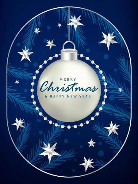 Mavi dikey Yeni Yıl ve Noel kartı, poster, Noel ağacı dalları, gümüş Noel baloları ve yıldızlı pankart