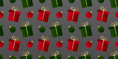 Yeni yıl ve Noel lüks vektörleri. Gri arka planda kırmızı ve yeşil hediye kutuları var.