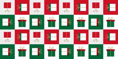 Yeni yıl ve Noel geometrik vektörü hediye kutularıyla yeşil-kırmızı tonlarda kusursuz desen