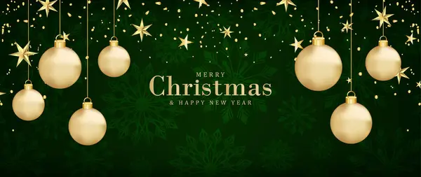 Yeşil Yeni Yıl ve Noel kartı, poster, afiş, altın Noel topları, yıldızlar ve kar taneleri.