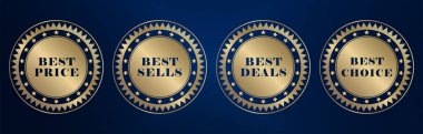 Altın yuvarlak rozetler ve madalyalı etiketler. Premium kalite güvence sertifikaları, satış ve premium ürün rozetleri için bir dizi altın lüks madalya