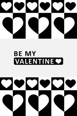 Minimalist siyah-beyaz Sevgililer Günü kartı ve şirin kalpler. Vektör posteri, afiş, kapak, arkaplan