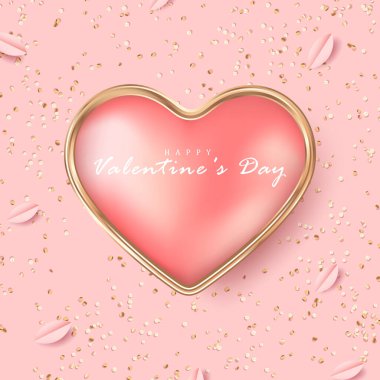Zarif pembe kare Sevgililer Günü kartı, altın çerçeveli şehvetli kalpler ve küçük parlak altın parıltılar.