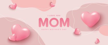 Anneler Günü için üzerinde pembe üç boyutlu kalpler olan bej renkli bir vektör kartı. Kadın kartı, poster, afiş, duvar kağıdı, kapak tasarımı.