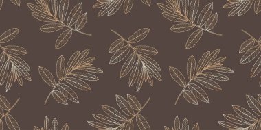 Kahverengi arka planda dalların ve yaprakların altın çizgileriyle vektör lüks botanik kusursuz desen.