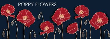 Koyu mavi arka planda kırmızı haşhaş desenli lüks bir çiçek tasarımı. Haşhaş çiçeklerinin altın çizgisi. Çiçek kartı, kapak tasarımı, poster, afiş