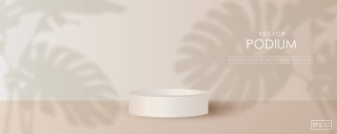 Canavar yapraklarının gölgeleriyle bej podyum modeli. Stüdyo galerisi kaidesi, vitrin modeli sahnesi. Ürün sunumu için 3d vektör podyumu.