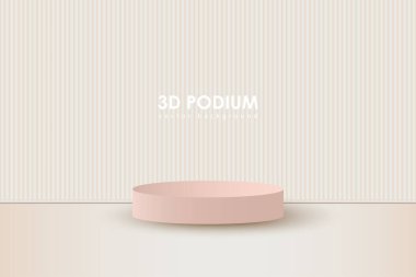 Bej podyum modeli. Stüdyo galerisi kaidesi, vitrin modeli sahnesi. Ürün sunumu için 3d vektör podyumu.
