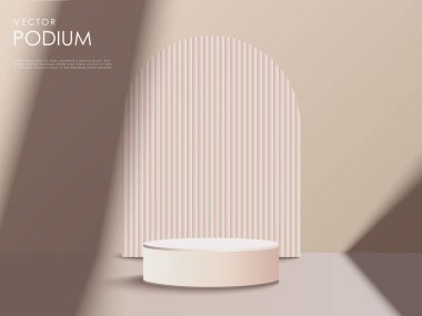 Kahverengi minimalist podyum modeli. Stüdyo galerisi kaidesi, vitrin modeli sahnesi. Ürün sunumu için 3d vektör podyumu.