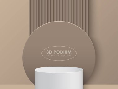 Kahverengi minimalist podyum modeli. Stüdyo galerisi kaidesi, vitrin modeli sahnesi. Ürün sunumu için 3d vektör podyumu.
