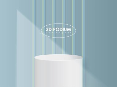 Mavi minimalist podyum ışık desenli. Stüdyo galerisi kaidesi, vitrin modeli sahnesi. Ürün sunumu için 3d vektör podyumu.