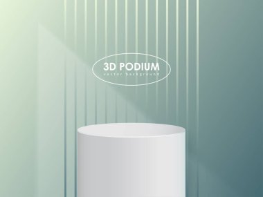 Yeşil minimalist podyum, ışık huzmeleriyle. Stüdyo galerisi kaidesi, vitrin modeli sahnesi. Ürün sunumu için 3d vektör podyumu.
