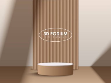 Kahverengi minimalist podyum modeli. Stüdyo galerisi kaidesi, vitrin modeli sahnesi. Ürün sunumu için 3d vektör podyumu.