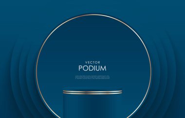 Lacivert, altın elementli lüks podyum modeli. Ürünleri, fuarları ve reklam afişlerini sergilemek için mavi silindirik podyum. Kozmetik ve parfümler için arka plan
