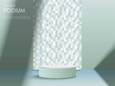 Açık yeşil minimalist podyum düzeni. Stüdyo galerisi kaidesi, vitrin modeli sahnesi. Ürün sunumu için 3d vektör podyumu.