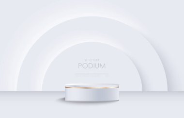 Altın elementli lüks beyaz vektör podyumu. Ürünleri, fuarları ve reklam afişlerini sergilemek için Celindrical podyumu. Kozmetik ve parfümler için arka plan.