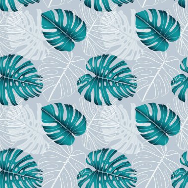 Monsetra yapraklı, tropik, pürüzsüz bir desen. Tekstil, ambalaj kağıdı, duvar kağıdı, kapaklar için tropik tasarım.