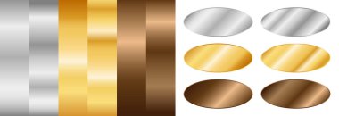 Gümüş eğimli, altın renginde ve bronz renginde. Metalik vektör eğimleri ve oval çıkartmalar kümesi.