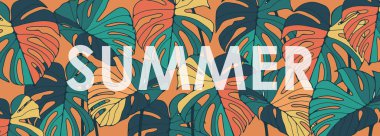 Canavar yapraklı parlak bir tropikal tasarım. Tropik vektör arkaplan, duvar kağıdı, kapak, poster, afiş