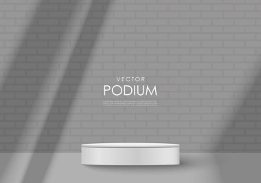 Ürün sergisi için gümüş çizgili gri minimalist 3D podyum. Podyum, kozmetik, parfüm ve mücevher kaidesi. Tuğla duvar.