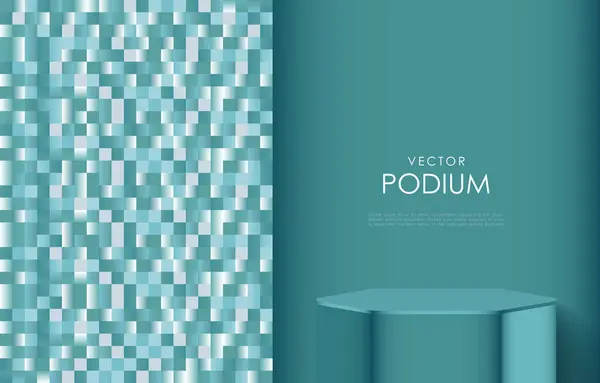 Cam mozaikli turkuaz lüks podyum vektör modeli. Ürünler, sergiler ve reklam posterleri veya afişler için turkuaz altıgen podyum. Kozmetik ve parfümler için arka plan