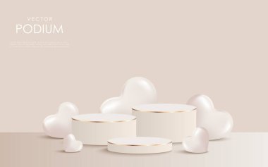 Açık bej renkli, lüks, 3 boyutlu, dolgun kalpli bir podyum. Ürün tanıtımı için arka plan silindirik podyumu, kaide, stand, kozmetik, parfüm ve mücevher için arka plan.