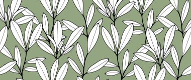 Siyah beyaz dalları ve yaprakları olan yeşil botanik geçmişi. Botanik vektör kartı, poster, afiş, kapak tasarımı.