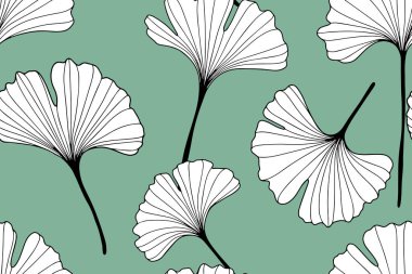 Siyah ve beyaz ginkgo biloba dallı yeşil botanik desenli. Tekstil, ambalaj kağıdı, duvar kağıdı, kapak ve çantalar için desen.
