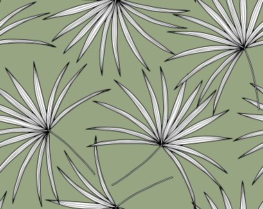 Siyah ve beyaz palmiye dalları olan yeşil, pürüzsüz bir rota. Tekstil, ambalaj kağıdı, duvar kağıdı, kapak ve çantalar için desen.