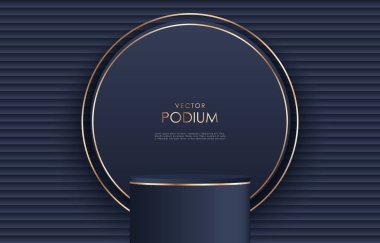 Lüks vektör koyu mavi 3D podyum ürün görüntüleme, sunum, ticaret kartları, indirimler ve promosyonlar için altın unsurlar.