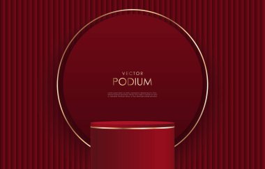 Ürün gösterimi, sunumu, alım satım kartları, indirimler ve promosyonlar için altın elementli lüks vektör kırmızı 3D podyum.