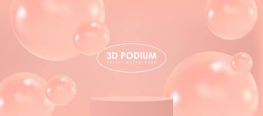 Uçan top küresi ya da baloncuklu şeftali pembesi gerçekçi silindirik podyum. 3 boyutlu geometrik platforma sahip vektör soyut stüdyo, ürün tanıtımı için asgari aşama.