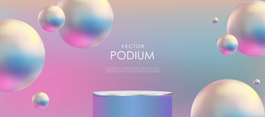 Pembe ve mavi renkli silindirik bir podyum. Uçan top küresi ya da baloncuğu var. 3 boyutlu geometrik platforma sahip vektör soyut stüdyo, ürün tanıtımı için asgari aşama.