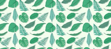 Çeşitli tropikal bitkiler ve açık arkaplanda yapraklar ile yaz vektörsüz desen.