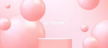 Uçan top küresi ya da baloncuklu şeftali pembesi gerçekçi silindirik podyum. 3 boyutlu geometrik platforma sahip vektör soyut stüdyo, ürün tanıtımı için asgari aşama.